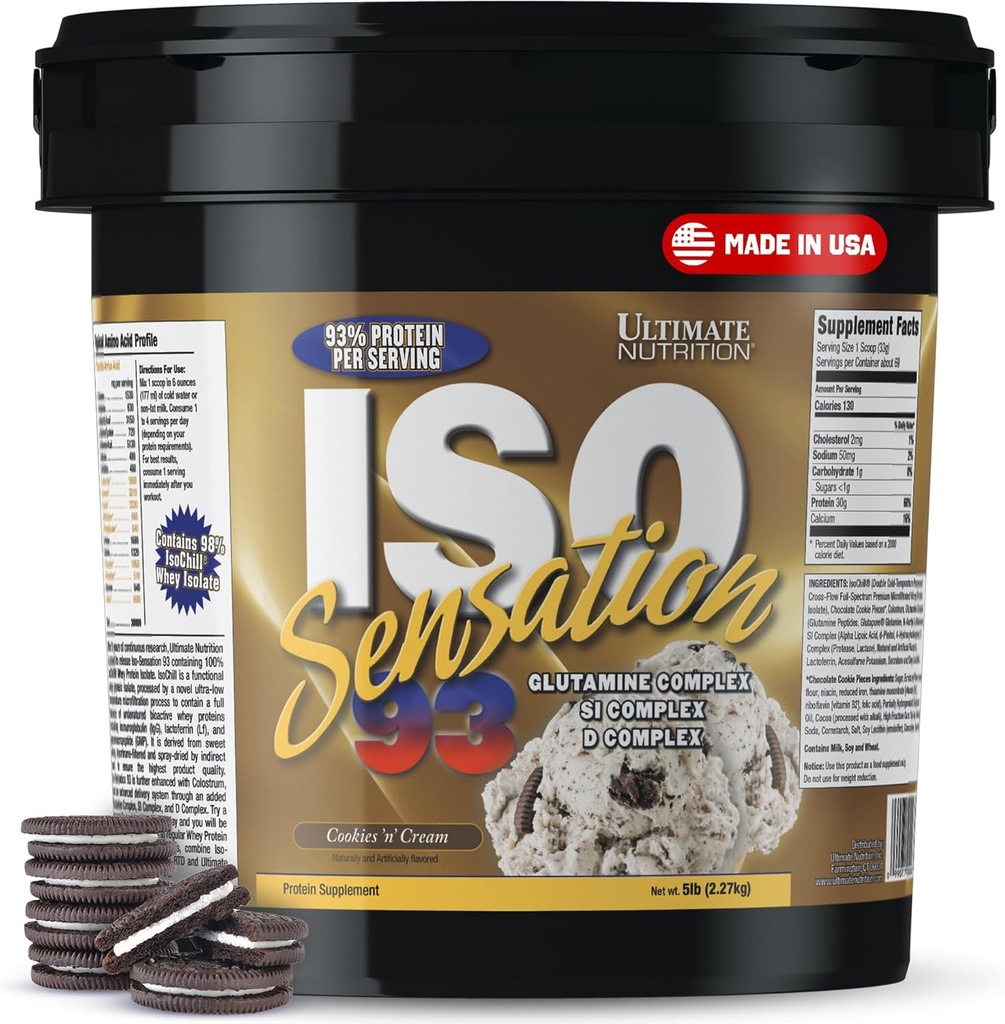 Ultimate Nutrition Whey Protein Isolate Powder with Glutamine Complex, ISO Sensation 93 - Whey Protein Powder with Added Colostrum for Enhanced Recovery, Immunity & Gut Health - Cookies N Cream, 5lbs