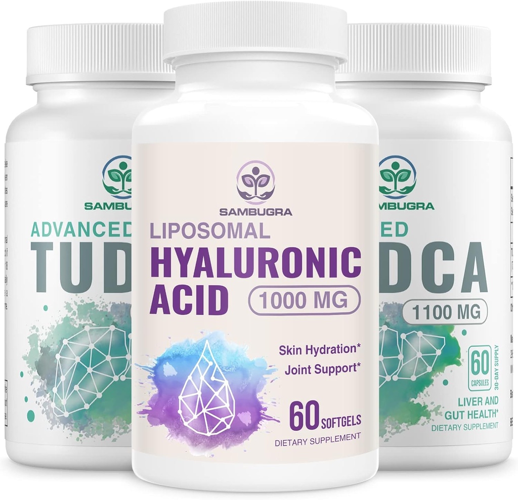 TUDCA Leverkosttilskud 1100mg og Liposomal Hyaluronsyre Kosttilskud 1000mg, High Bioavailability Supplement (pakning med 3)
