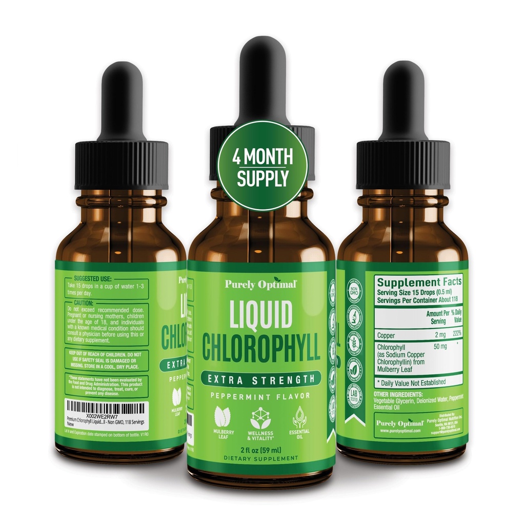 Premium Chlorophyll Liquid Drops - 100% Natural & Gluten Free Liquid Chlorophyll - Ikke GMO, 118 Servere