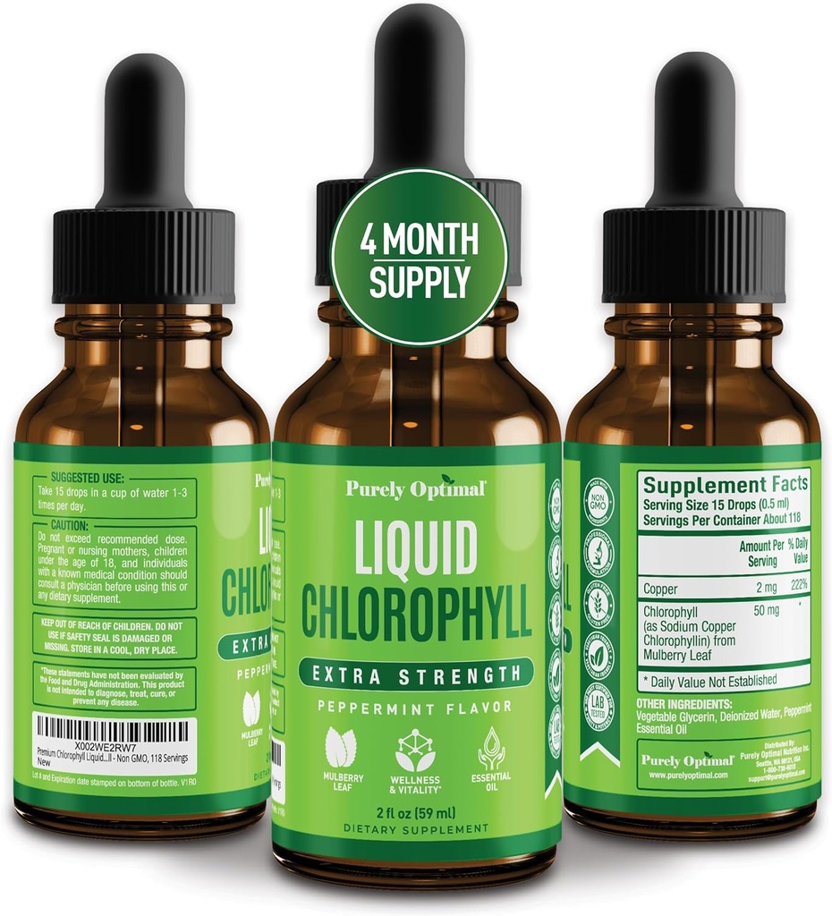 Premium Chlorophyll Liquid Drops - 100% Natural & Gluten Free Liquid Chlorophyll - Ikke GMO, 118 Servere