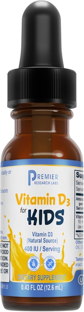 Premier Research Labs Vitamin D3 til børn - Vitamin D dråber til børn, Kids flydende D-vitamin, 400 IE Per Servering, Understøtter sund hjerne udvikling - 0,43 fl oz