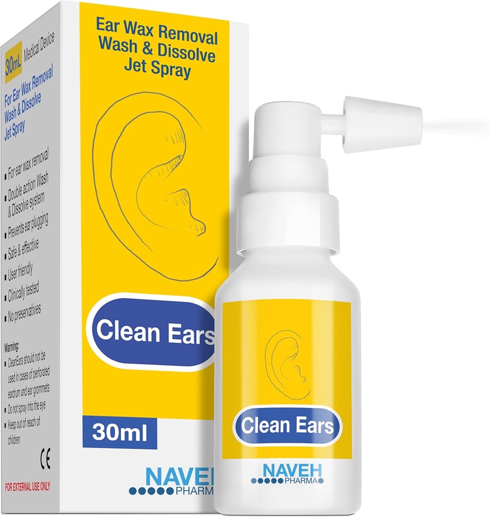 NAVEH PHARMA ® CleanEars against 124; Fastvirkende Ear Wax Removal Spray Removal 124; Breaks Down & Opløser Earwax i bare 1 behandling 124; Klinisk bevist til at være 300% mere effektiv W / Mineral Oil