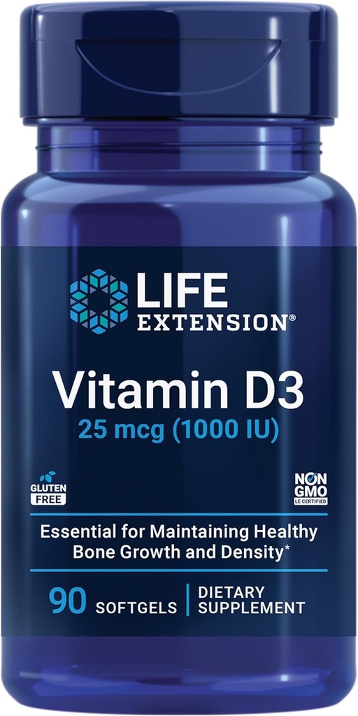 Life Extension Vitamin D3 25 mcg (1000 IE), Immunsystemet Support, Knoglesundhed, Whole- Body Health, Værdi, Gluten- Free, Non- GMO, 90 bløddele