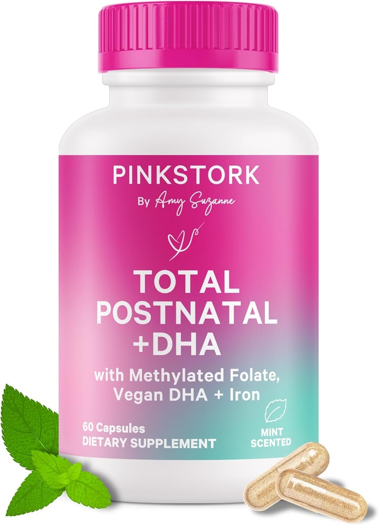 Pink Stork Total Postnatal Vitamins for Women | Vegan DHA, Methylated Folate, Iron, + Vitamin B12 | Postpartum Recovery Essentials + Breastfeeding Support | Mint, 1-Month Supply