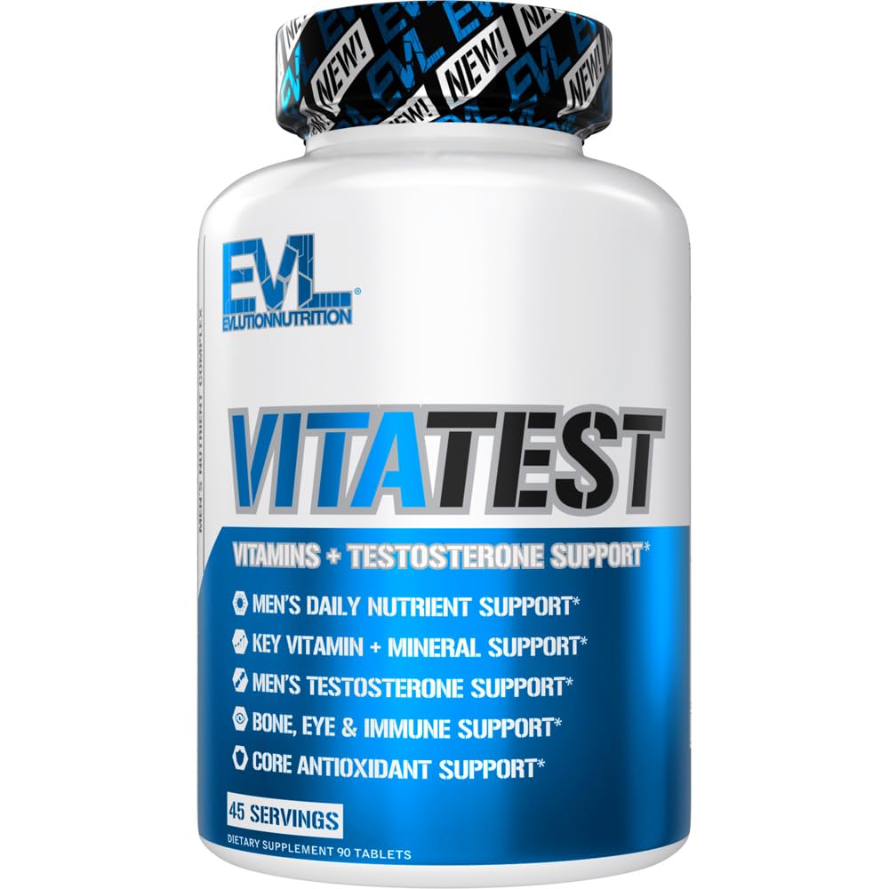 Evolution Nutrition VitaTest - Vitamin + Testosteron Support - Key Vitamin + Mineral Support - Mænds Daily Nutrient & Testosteron Support - Ben, Eye & Immunsupport - 45 Servering - 90 tabletter