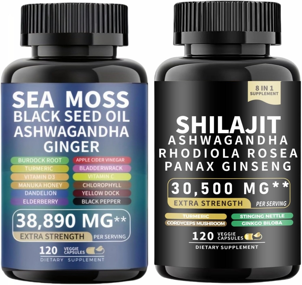Sea Moss and shilajit Sea Moss Black Seed Oil Ashwagandha Ginger & shilajit rhodiola rosea panax Ginseng (120 Greve)