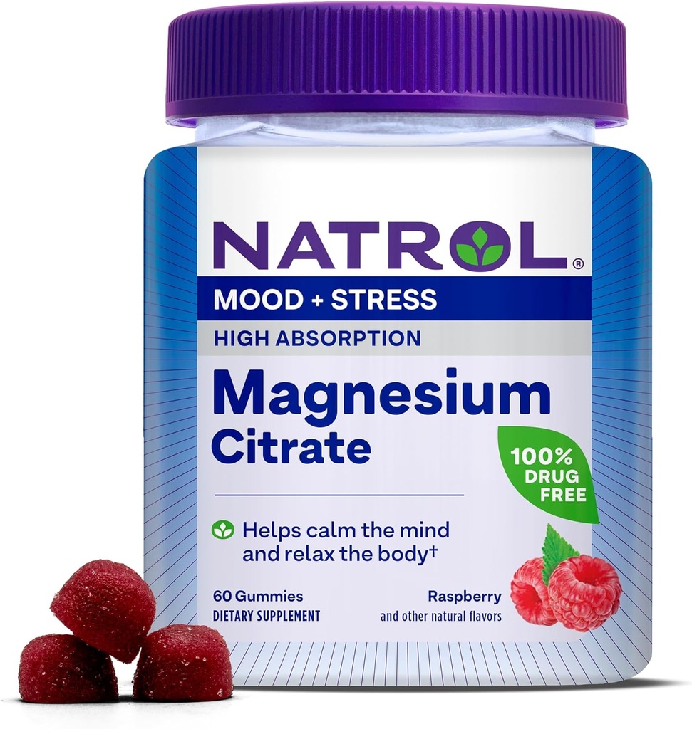 Natrol Magnesium Citrate, Høj Absorption Magnesium Supplement til Mood and Stress, Hjælper med at berolige sindet og slappe af Kroppen, 60 Raspberry- Smagsfyldte Gumier, Op til en 30 dages forsyning
