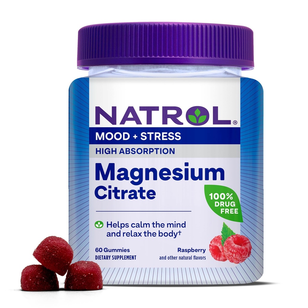 Natrol Magnesium Citrate, Høj Absorption Magnesium Supplement til Mood and Stress, Hjælper med at berolige sindet og slappe af Kroppen, 60 Raspberry- Smagsfyldte Gumier, Op til en 30 dages forsyning