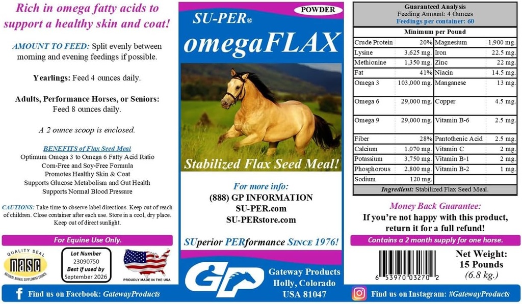 SU- PER OmegaFLAX hør til heste - Premium stabiliseret hørfrø Måltid & Omega 3 Supplement - Understøtter sund hud & Coat - 15 Pund