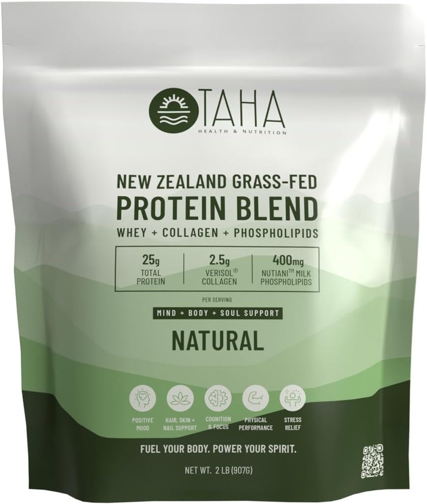 Taha Health & Nutrition Mind + Body Protein Blend - Natural, Unflavored Medical 124; 25g Protein from Whey & Collagen + 400mg Milk Phospholipids