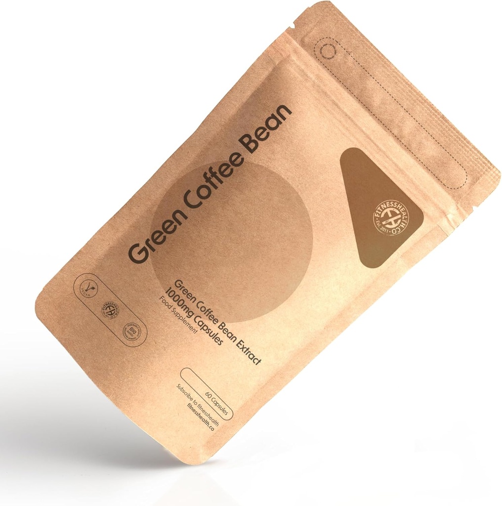 Fitness Health Green Coffee Bean Capsules 1000MG (60 Capsules) - Håndplukket og ikke-ristede Green Coffee Bean Extract - Greens Coffee Supplement - Høj styrke Green Coffee Capsule