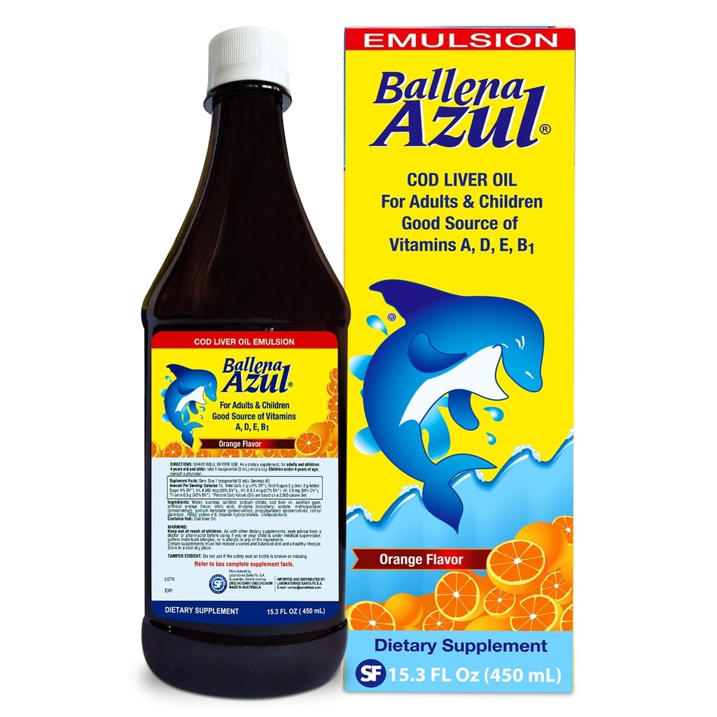 Ballena Azul Aceite de Hígado de Bacalao para Adultos y Niños, COD Leverolie til voksne og børn, God kilde til vitaminer A, D, E, B1, Kosttilskud, Omega 3, Inmune System Boost (ORANGE 15 OZ)