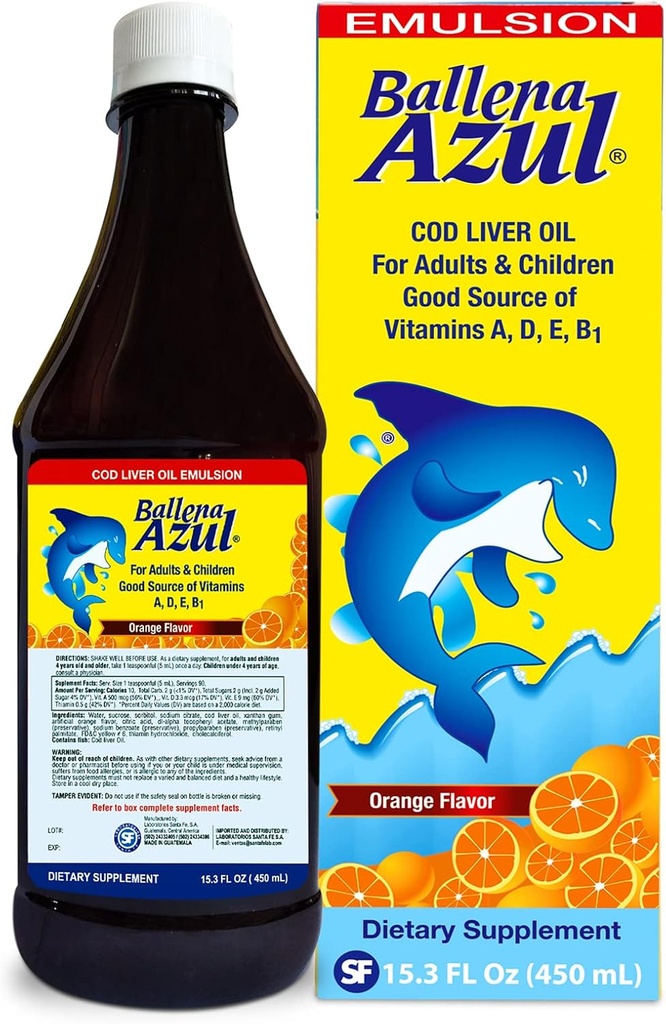 Ballena Azul Aceite de Hígado de Bacalao para Adultos y Niños, COD Leverolie til voksne og børn, God kilde til vitaminer A, D, E, B1, Kosttilskud, Omega 3, Inmune System Boost (ORANGE 15 OZ)