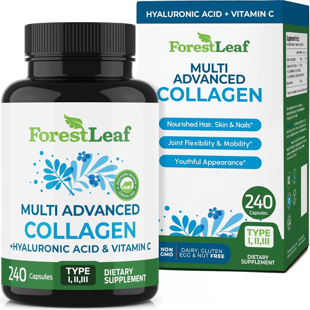 ForestLeaf Multi Collagen piller - Collagen Mænd & Collagen Kvinder - Hydrolyseret Collagen kosttilskud med C-vitamin & hyaluronsyre - Collagen kapsler til hår, hud og negle (240 Peptid kapsler)