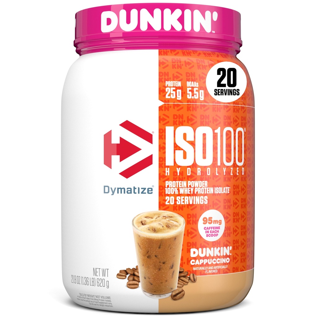 Dymatize x Dunkin 'Cappuccino ISO100 Whey Protein Powder, 95mg Koffein, 25g Protein5.5g BCAA, 120 Cal., Gluten Free, 1g Fedt, 1g Sukker, 2g Carb (20 Servere)