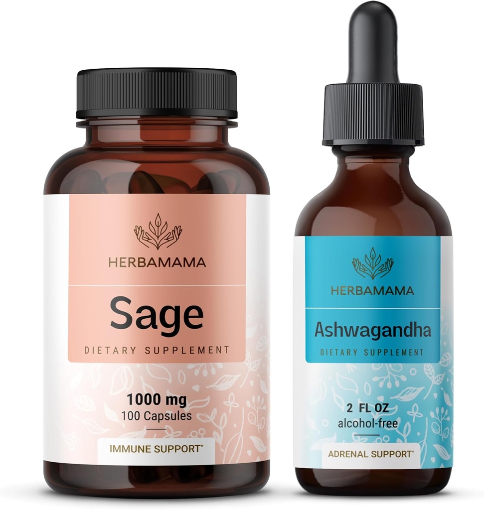 HERBAMAMA Sage and Ashwagandha Kit - Bundle of 1000 mg Sage Leaf Capsules & Ashwagandha Root Tincture 2 fl oz - Vegan, non-GMO, Sugar & Alcohol- Free - 2 Pack
