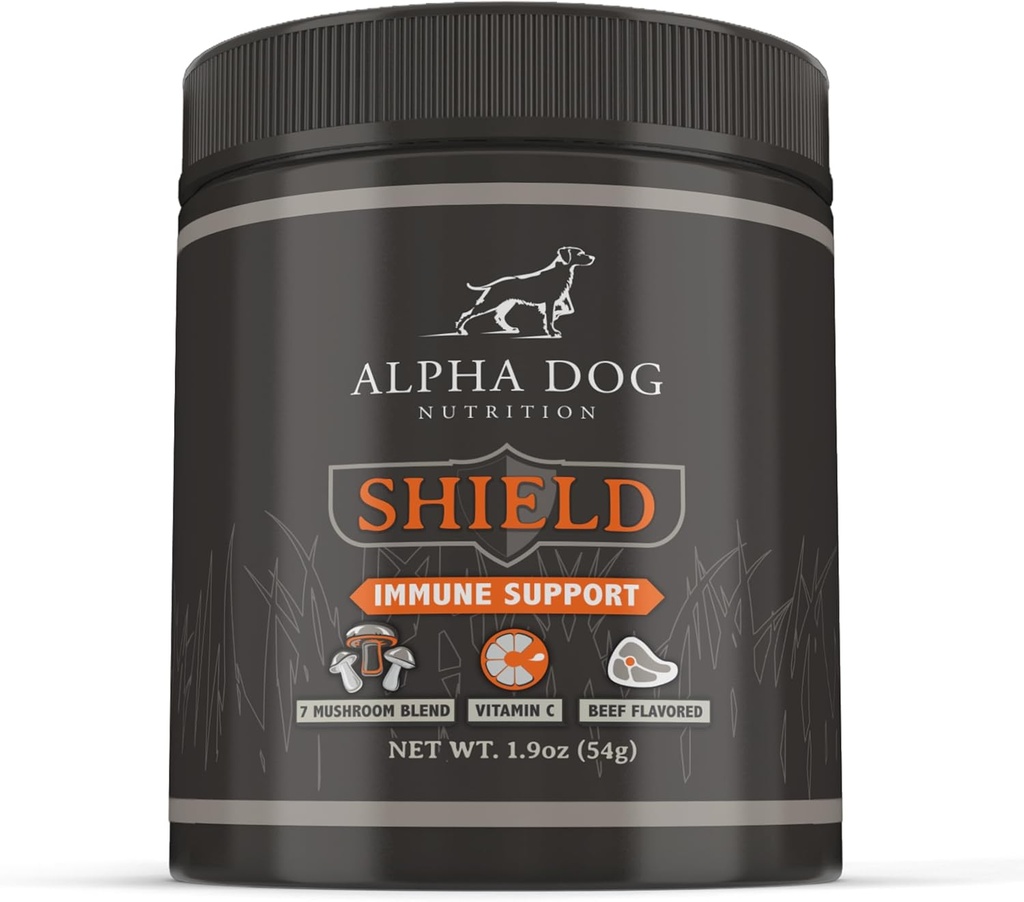Skjold Allergi Immun Support til hunde ved Alpha Hund Nutrition - 7 Nutritional Mushroom Powder Complex + C-vitamin til Boost Immunitet - Op til 60 Servering til små Breed Hunde, 54g