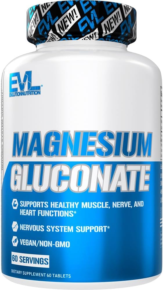 Evolution Nutrition Magnesium Gluconate - Muscle + Nerve + Heart Health Supplement - Nervesystemet Support - Vegan & Non- GMO - 60 Servering