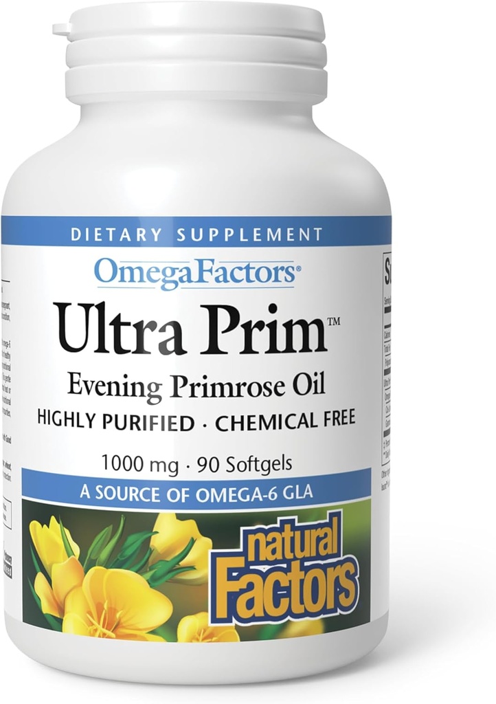 Naturlige faktorer Ultra Prim Evening Primrose Oil 1000mg, En naturlig kilde til Omega- 6 GLA, 90 Softgels