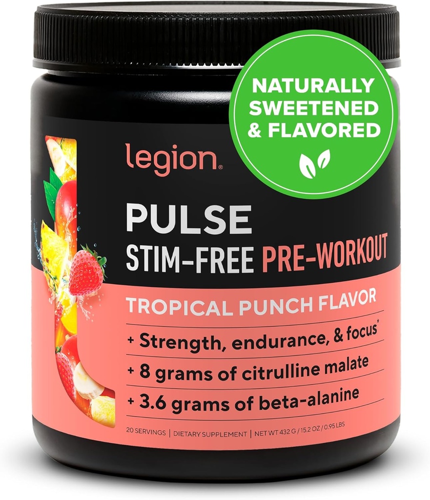 LEGION Pulse Pre Workout Supplement - Alle naturlige nitrogenoxid Preworkout Drink til Boost Energy, Kreatin Free, naturligt sødet, Beta Alanine, Citrulline, Alpha GPC (Koffein Free Tropical Punch)