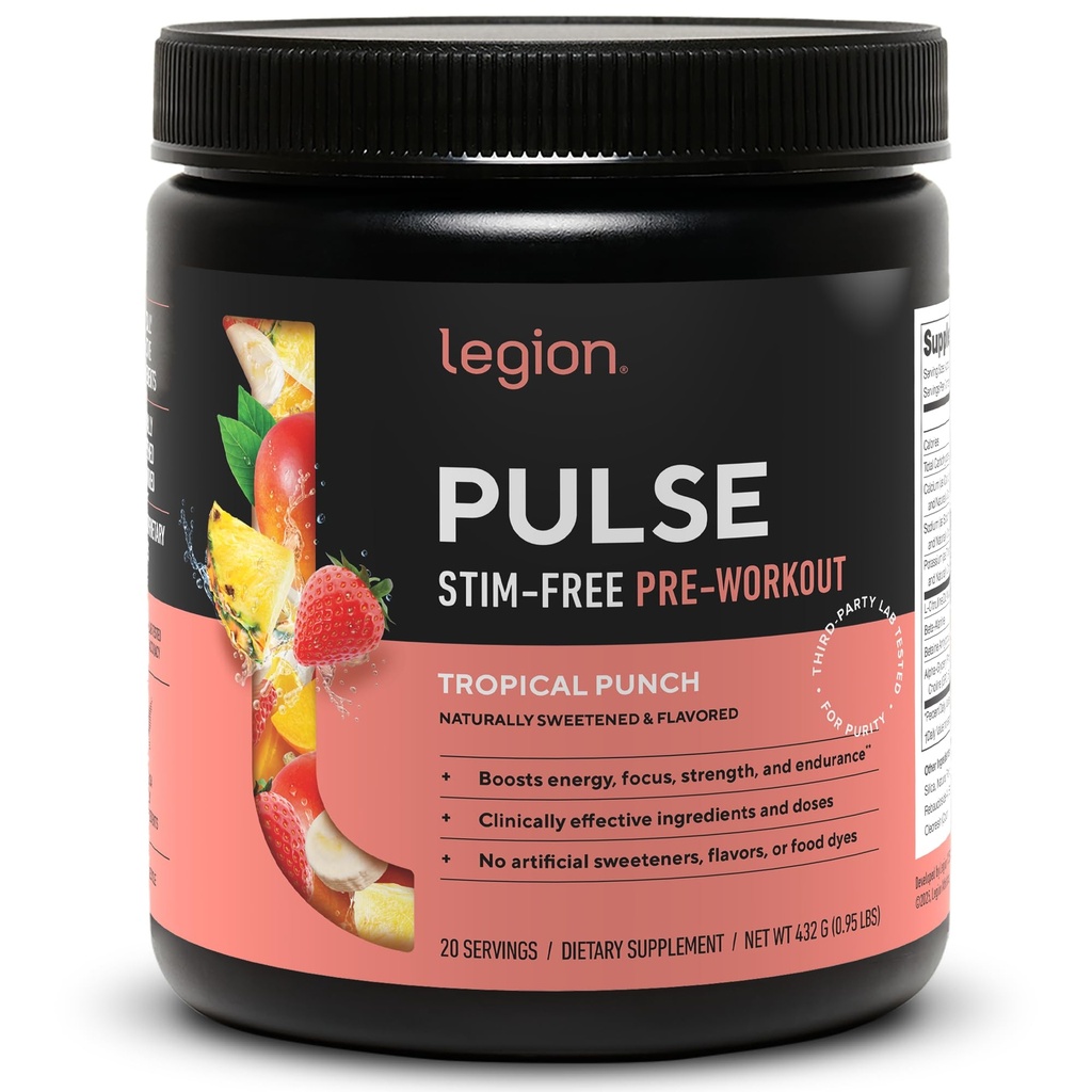 LEGION Pulse Pre Workout Supplement - Alle naturlige nitrogenoxid Preworkout Drink til Boost Energy, Kreatin Free, naturligt sødet, Beta Alanine, Citrulline, Alpha GPC (Koffein Free Tropical Punch)