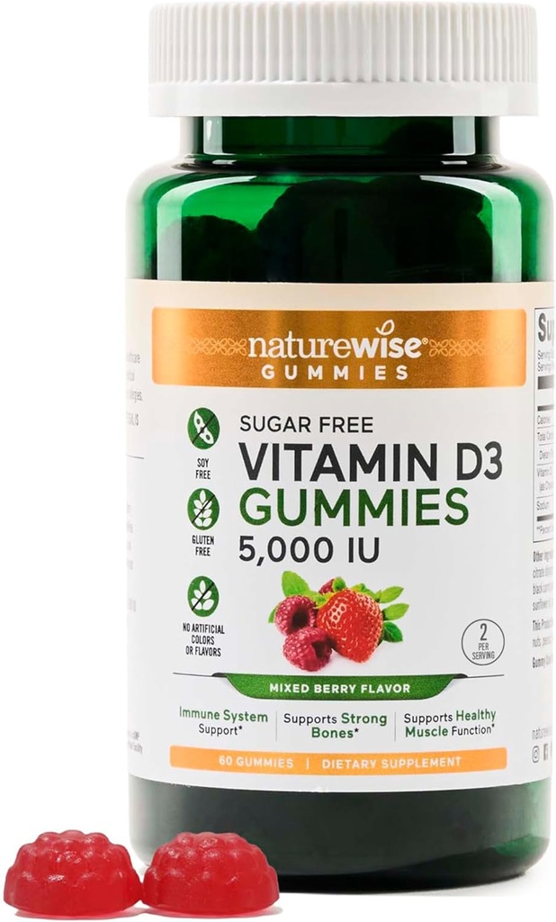 NatureWise Vitamin D3 5000 IE Gummies - Sugar- Free Mixed Berry Flavor - Vitamin D Gummies til voksne, Understøtter Immunitet, Muscle & Bone Styrke - Gelatin- Free, Non- GMO- 60 Gummies [1 - Måned Supply]