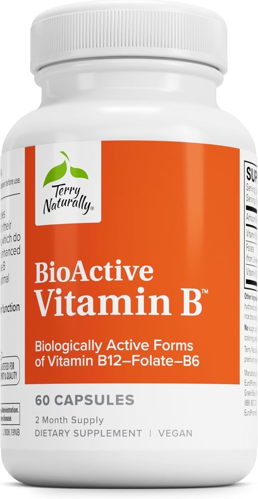 Terry naturligt BioActive Vitamin B - Aid Heart Health med Bioactive B Vitaminer - Supplement med Folate & Calcium - B Complex Vitamin til Aid Nervesystemet funktion - 60 kapsler