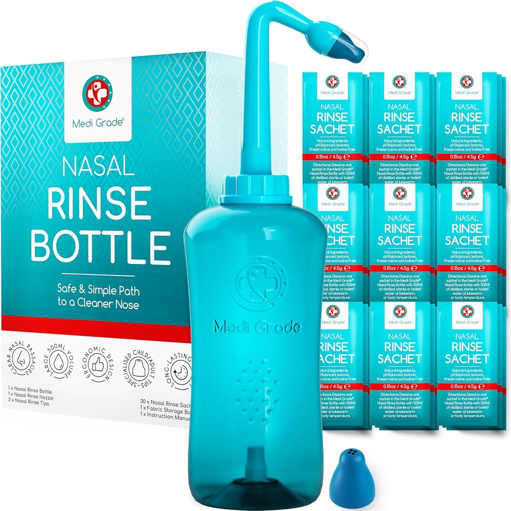 Medi Grade Sinus Rinse Flaske, 500ml med 30 Sinus Rinse Pakker - Komplet Nasal kunstvanding System - Neti Pot Næse Cleaner - Nasal Vask Kit til hjemmet eller rejser - 2 Nasal Rinse Tips og opbevaring Bag