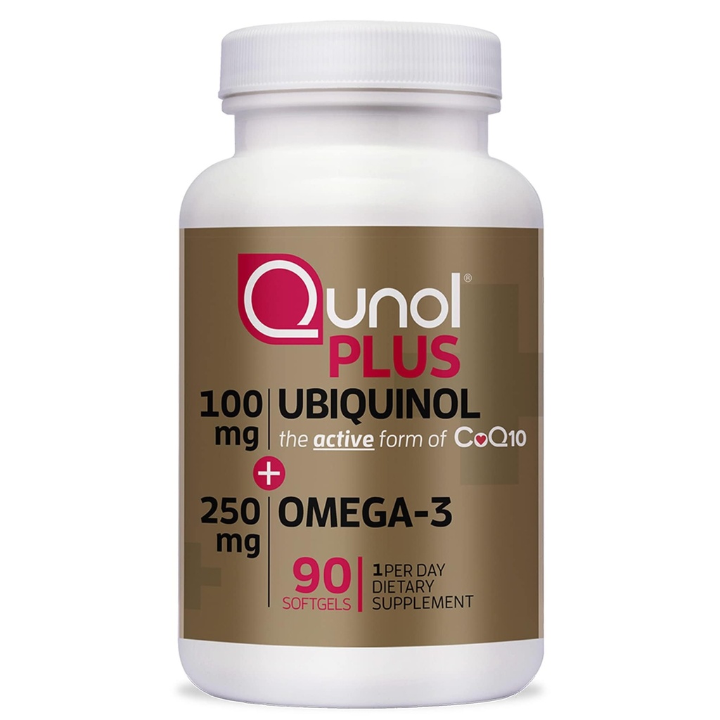 Qunol Plus Ubiquinol CoQ10 100mg med Omega 3 Fiskeolie 250 mg, Ekstra styrke Antioxidant supplement, 90 Tæl