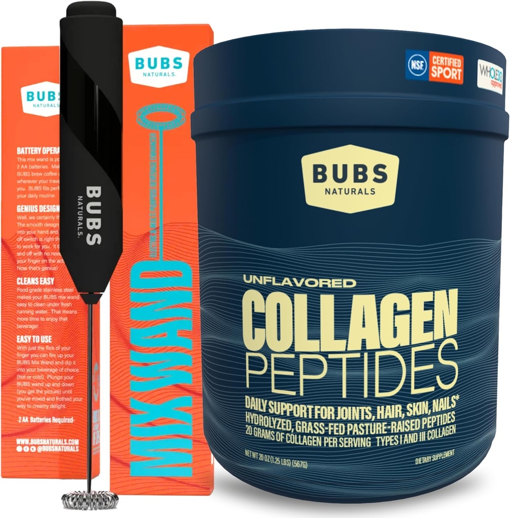 BUBS Naturals Collagen Peptider Powder & Mixing Wand Bundle, Collagen for kvinder & mænd, Hydrolyzed Peptider, Unflavored Pasture Raised Grass Fed, Keto Friendly, 20 oz Collagen Tub (28 Servere) + 1 Wand