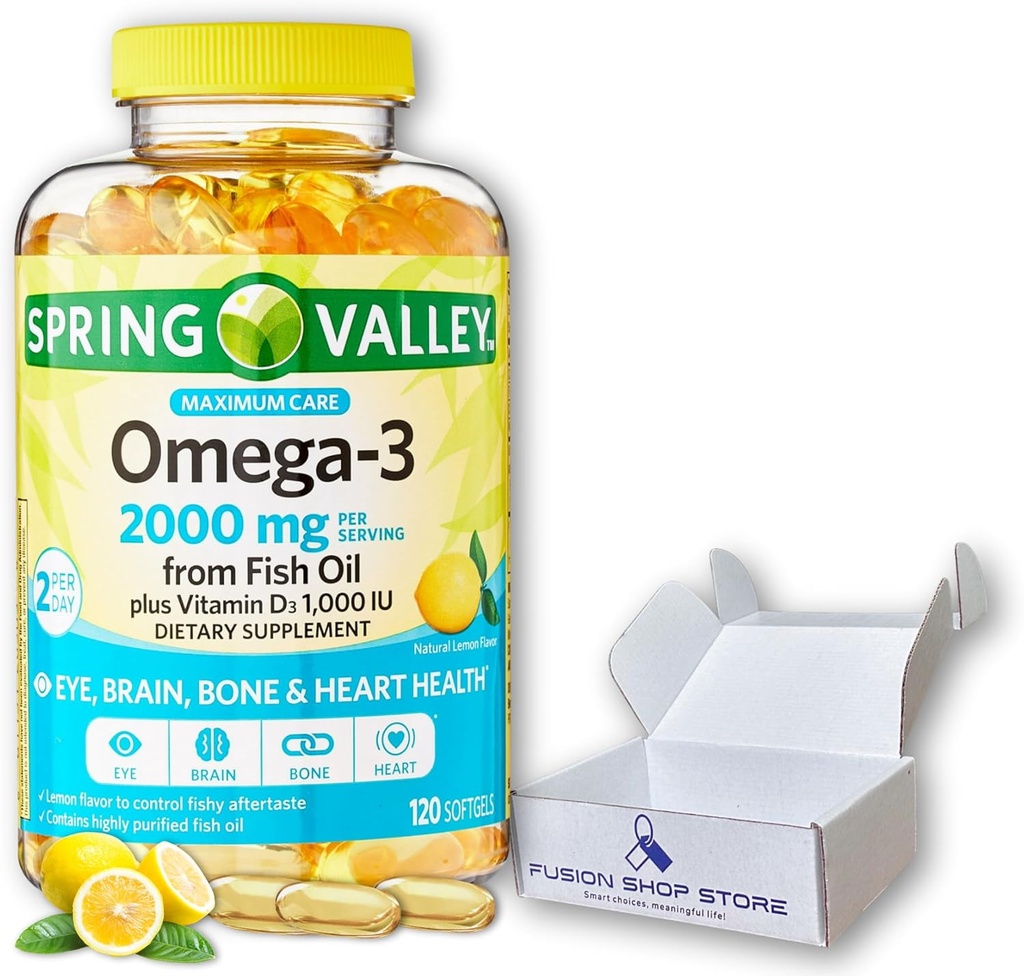 Omega 3 2000mg softgel- Fish Oil, 120ct (pakke med 1), Boxed by Fusion Shop Store