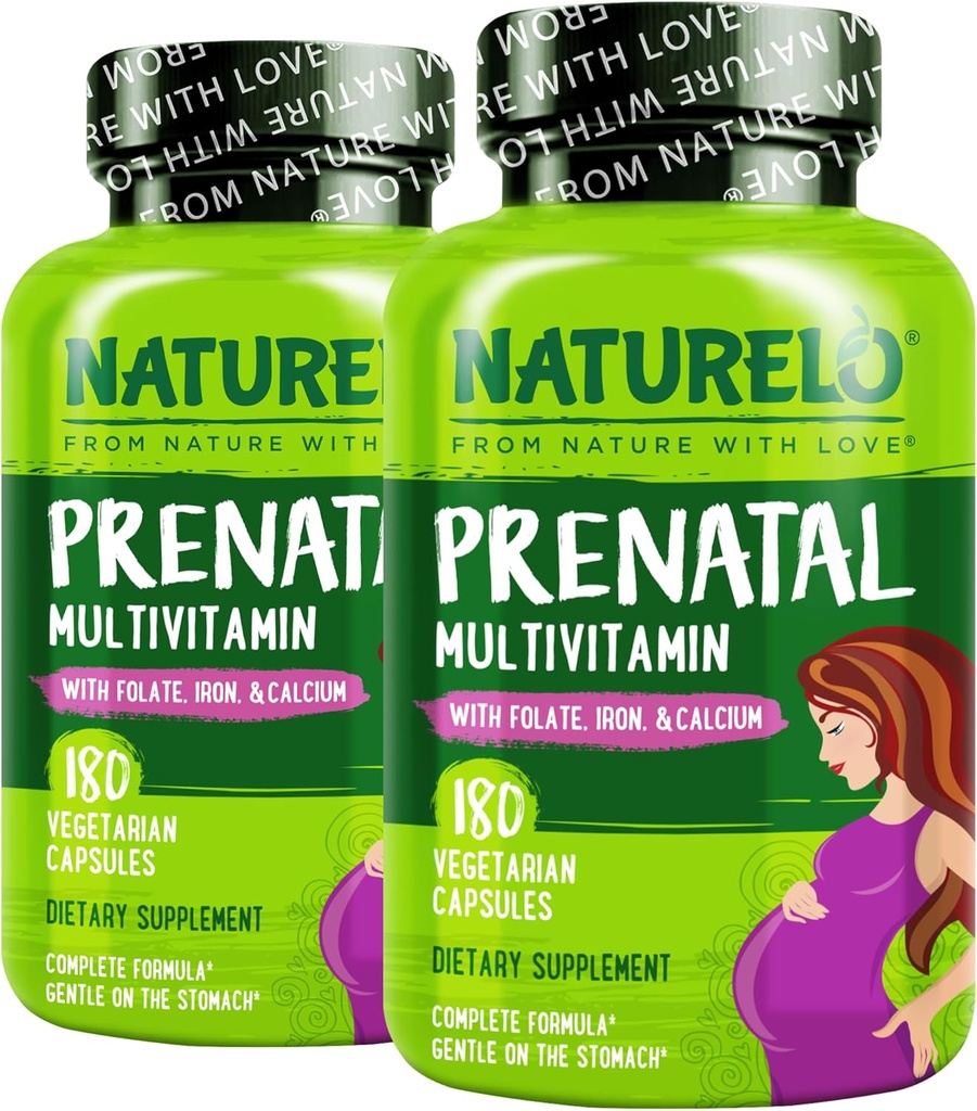 NATURELO Prenatal Multivitamin med Gentle Chelated Iron, methylfolat, Plant Calcium & Cholin - Vegan, Vegetar - Non-GMO - Gluten Free - 180 Kapsler - 4 Måned Supply (pakke med 2)