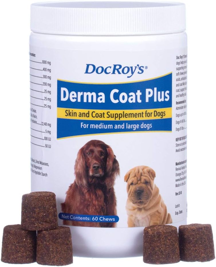 Revival Animal Health Doc Roys Derma Coat Plus Skin & Coat Supplement for mellemstore / store hunde - 60 ct tykkere