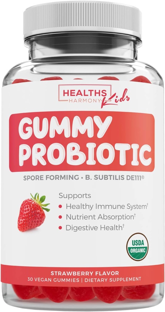 USDA Organic Probiotics for Kids (non-GMO) Strawberry Flavor Kids Probiotiske Gummies for fordøjelse og immunforsvar - 2,5 milliarder CFU af DE111 Spore Danning Strain for maksimal overlevelse - 30 Gummys