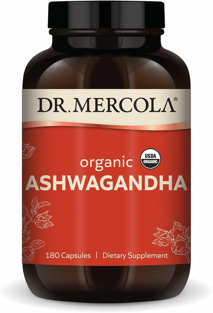 Dr. Mercola Organic Ashwagandha - Understøtter energiproduktion & binær sundhed - 800 mg per servering - Non-GMO, Gluten- Free & Soy- Free - Certified USDA Organic - 180 kapsler (90 Servering)