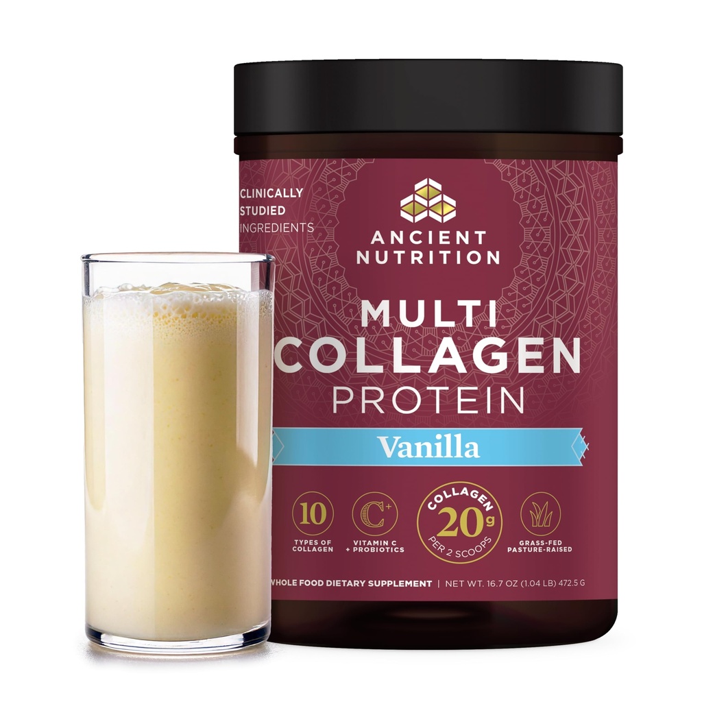 Ancient Nutrition Collagen Peptider Powder, Multi Collagen Protein, Kvinder & Mænd, C-vitamin, Probiotika, Hydrolyseret Collagen, Understøtter hud, Joints, Gut Sundhed, Vanilla, 45 Servere