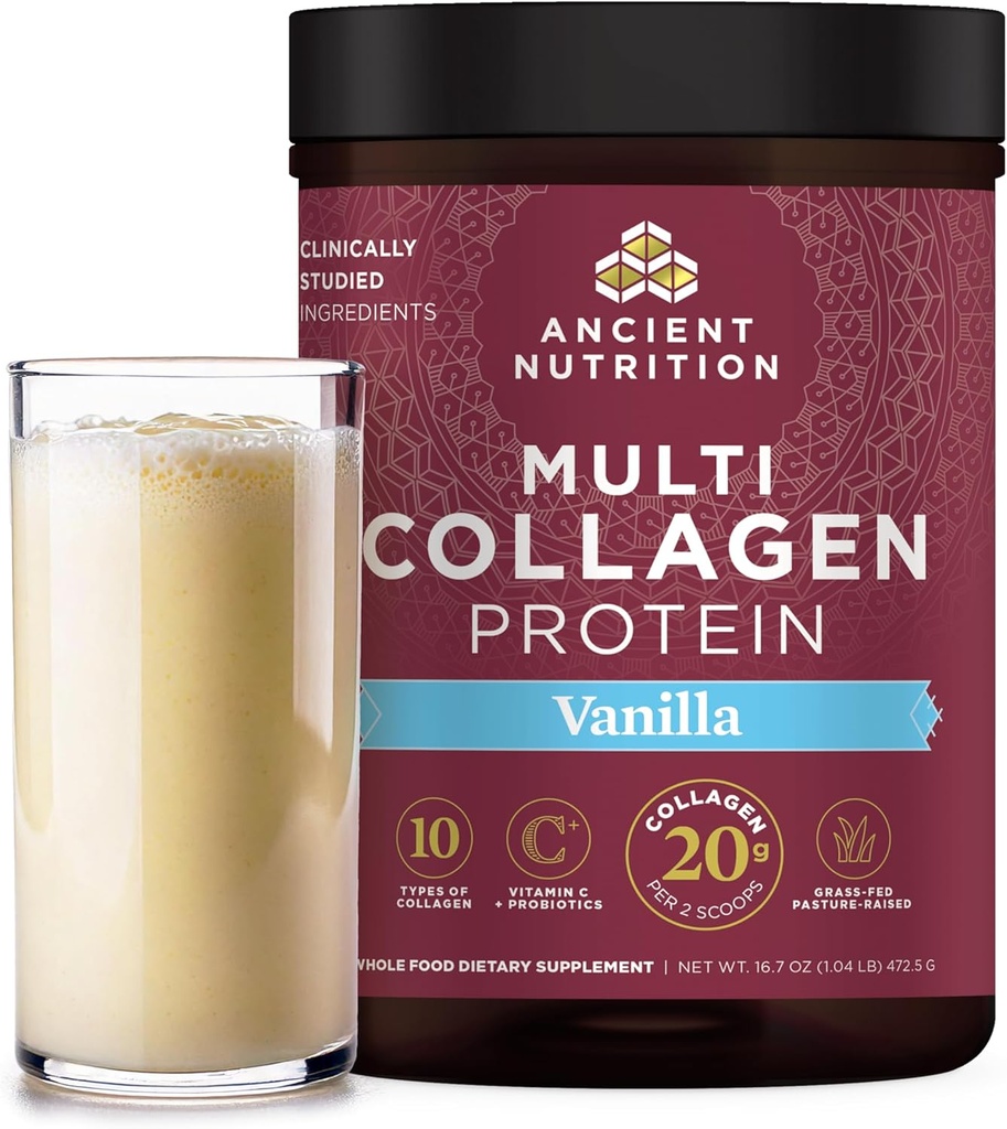 Ancient Nutrition Collagen Peptider Powder, Multi Collagen Protein, Kvinder & Mænd, C-vitamin, Probiotika, Hydrolyseret Collagen, Understøtter hud, Joints, Gut Sundhed, Vanilla, 45 Servere
