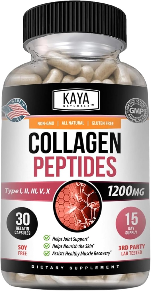 Kaya Naturals Multi Collagen Peptider Complex pulver til kvinder og mand, Vital for hår, hud, negle, og anti-aging, type I, II, III, V & X Collagen Protein Blend Dex124; kapsler - 30 Count Supplement