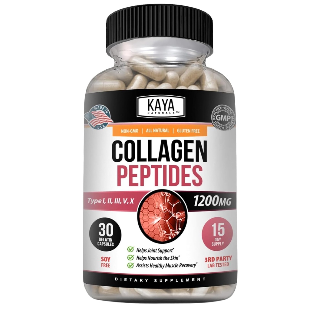 Kaya Naturals Multi Collagen Peptider Complex pulver til kvinder og mand, Vital for hår, hud, negle, og anti-aging, type I, II, III, V & X Collagen Protein Blend Dex124; kapsler - 30 Count Supplement
