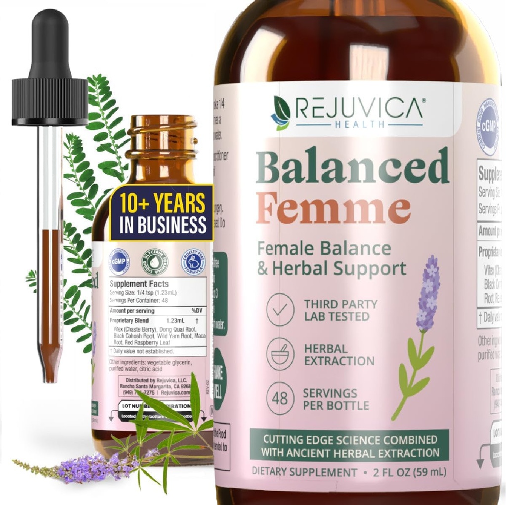 Rejuvica Health Balanceret Femme - Advanced kvindelige balance support supplement - flydende levering til bedre absorption - Vitex, Dong Quai, Black Cohosh, Maca Wild Yam & mere!