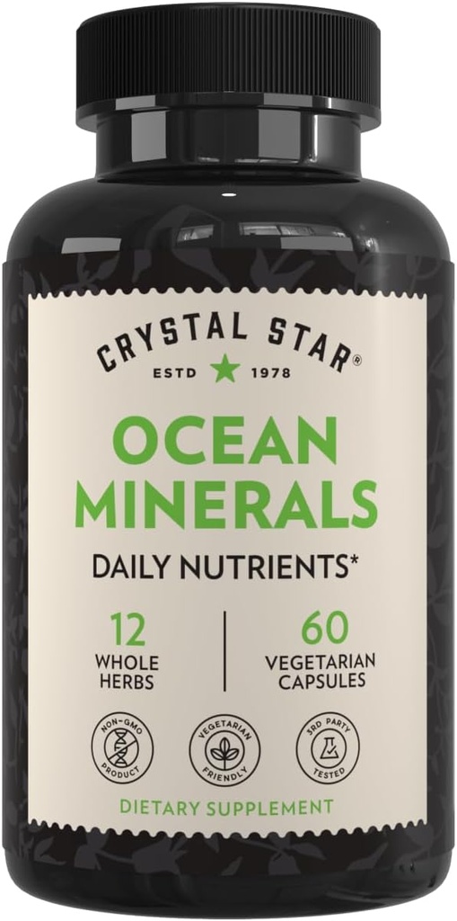 Crystal Star Ocean Minerals Supplement (60 kapsler) - Daglig urtetillæg for ben sundhed & collagen - Sea Buckthorn, Spirulina & Organic Alfalfa - Non- GMO