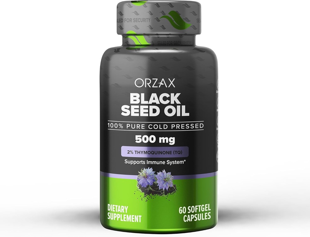 ORZAX Black Seed Oil Cold Pressed 100% Pure Measures 124; Non- GMO - Rich in Omega 3 6 9 & Thymoquinone Measures 124; Black Cumin Nigella Sativa Oil for immunforsvar, hår, hud, ansigt (500 mg - 60 Softgel Capsules)