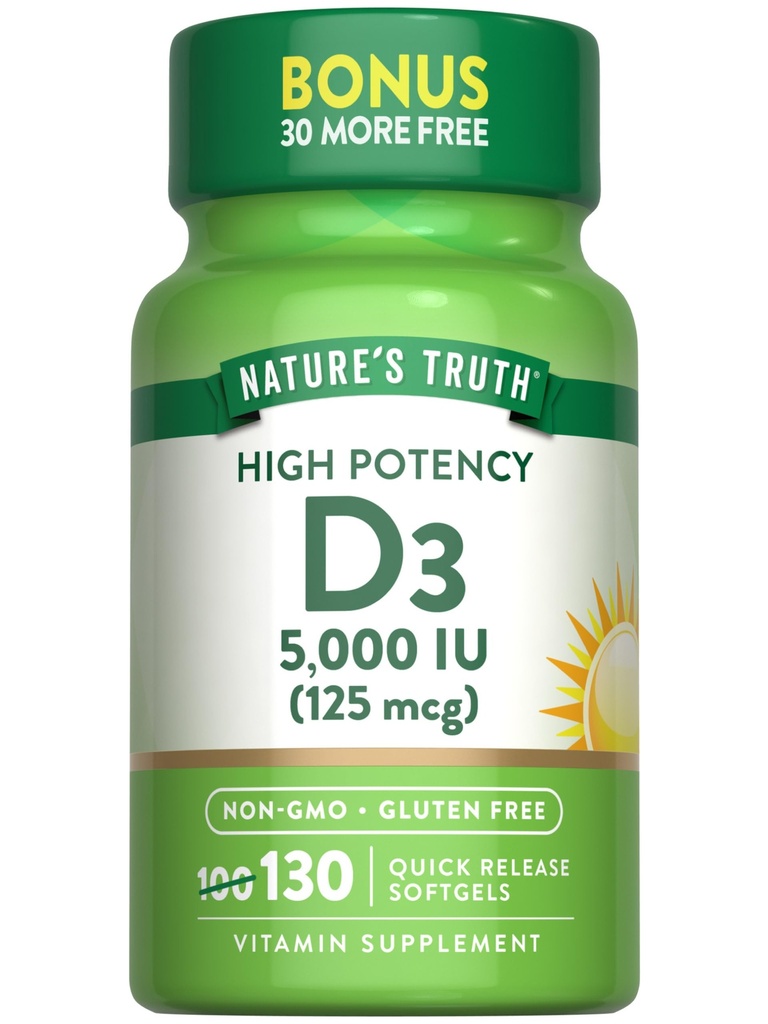 Nature 's Truth Vitamin D3 5000 IE Softgels against 124; 130 Greve 124; High Potency Share124; Non- GMO & Gluten Free Supplement