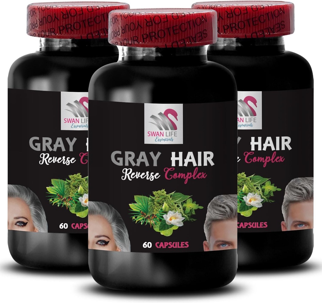 Natural Hair Complex - Gray Hair Reverse - Fresh Vibrancy, Color reawakening, Hair Tone, Restore Vibrancy, Color Refresh, Hair Glow, Youthful Appearance, Luminous Hair 3 Bottles 180 Capsules