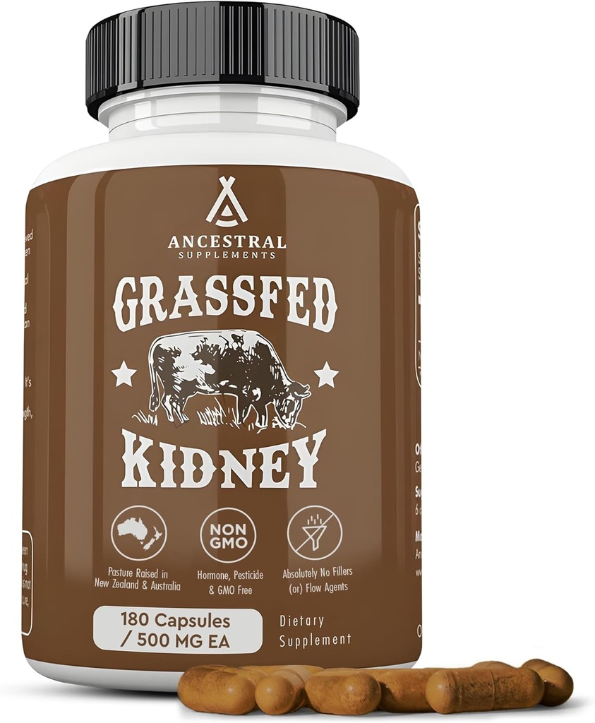 Ancestral Kosttilskud Græs Fed Beef Nyre Supplement, 3000mg, DAO Enzyme Supplement, Nyre Support for Urinary and Histamin Health, Selenium, B12, Non GMO, 180 Kapsler