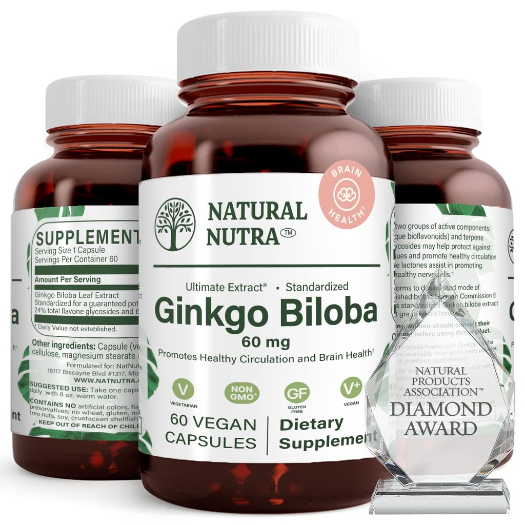 Naturlig Nutra Ginkgo Biloba, Forbedrer cirkulation til hjernen og øger hukommelse, øger ilt flow, og forbedre hjernefunktion, Support Nerve Sundhed, Vegan og Gluten Free, (60) Kapsler