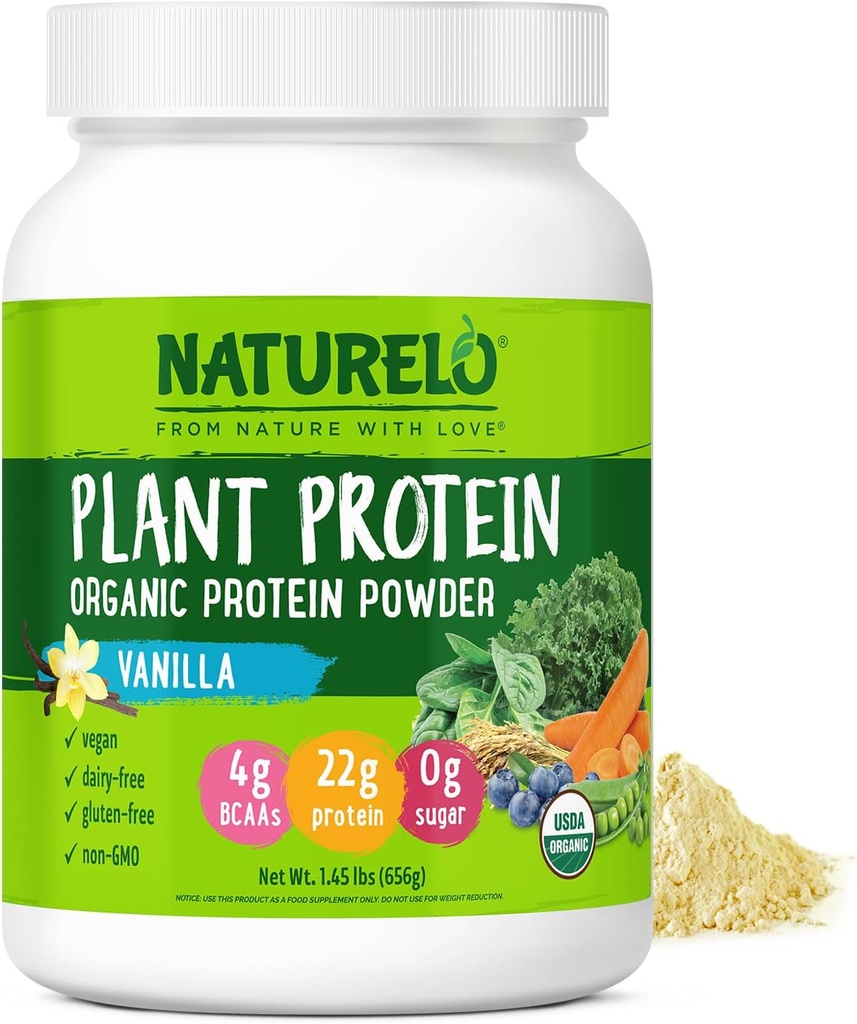 NATURELO Plant Protein Powder, Vanilla, 22g Protein - Non-GMO, Vegan, No Gluten, Dairy, or Soy - No Artificial Flavors, Synthetic Coloring, Preservatives, or Additives - 20 Servings