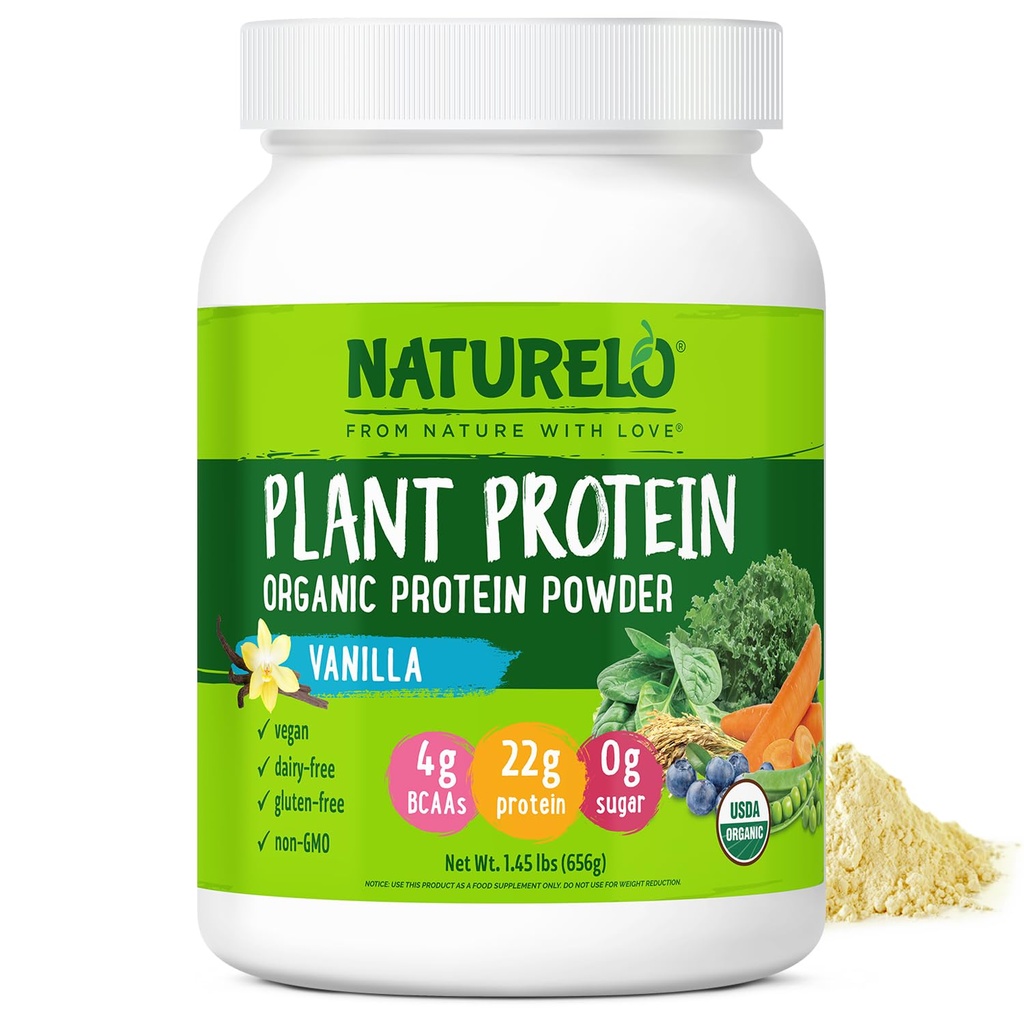 NATURELO Plante Protein Powder, Vanilla, 22g Protein - Non-GMO, Vegan, No Gluten, Dairy, eller Soy - Ingen kunstige Artificial Artists, Synthetic Coloring, Preservatives, eller tilsætningsstoffer - 20 Servere