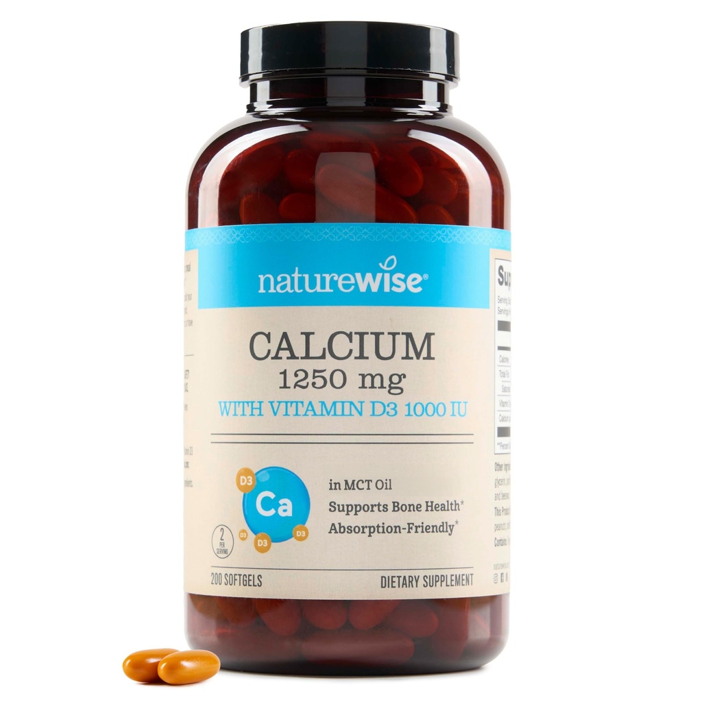 NatureWise High- Renhed, All- Natural Calcium 1250mg + vitamin D3 1000IE + Organic MCT Coconut Oil - Graviditet Safe + non- GMO - Absorption Friendly, Gluten Free - 200 Softgels [100- Day Supply]