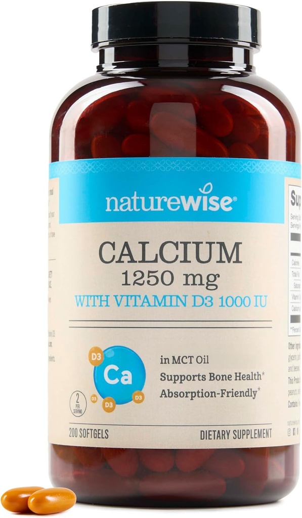 NatureWise High-Purity, All-Natural Calcium 1250mg + Vitamin D3 1000IU + Organic MCT Coconut Oil - Pregnancy Safe + Non-GMO - Absorption Friendly, Gluten Free - 200 Softgels[100-Day Supply]
